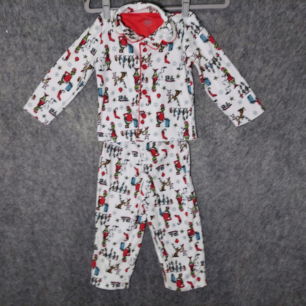 The Grinch Christmas Kids 4T Pajama Set Button Top Pants Dr Seuss Holiday Outfit
